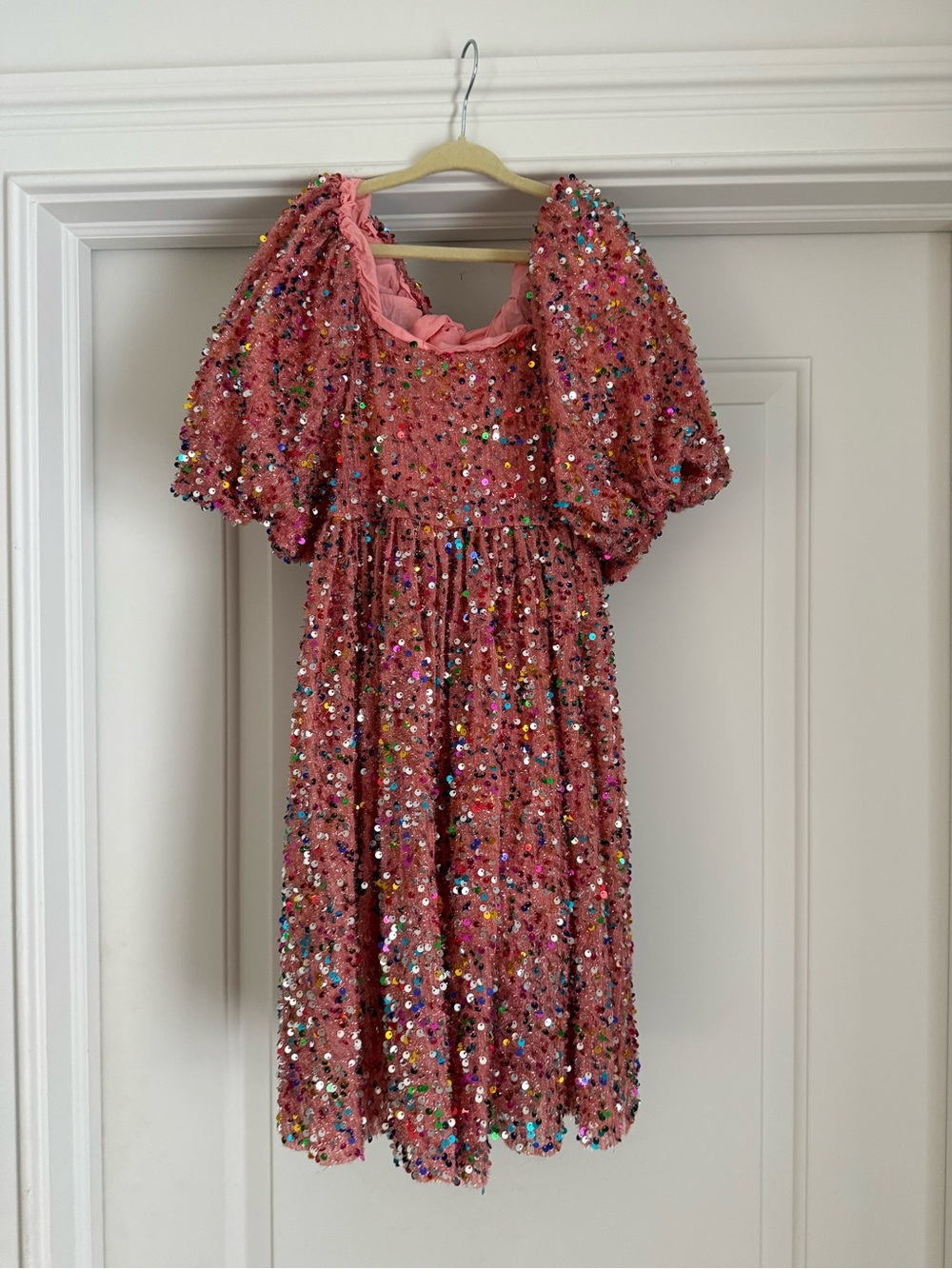 Lola + The Boys Coral Pink Multi-Sequin Puff Sleeve Dress